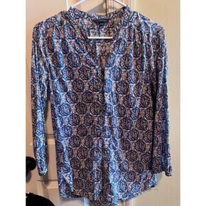Lands' End Blue White Multicolor Button Up Cotton Women's Blouse Shirt Sz 6